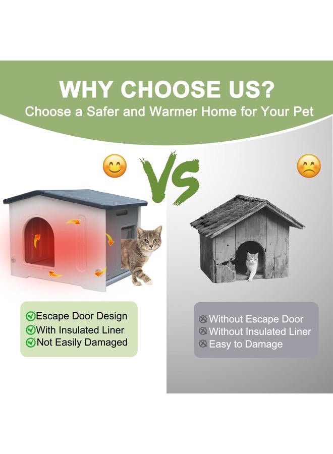 Deblue Outdoor Cat House with Insulated Liner, Weatherpoof Plastic Insulated Cats Houses with Escape Door Indoor Waterproof Feral/Pet Cat Shelter Outside for Puppy, Rabbit for Winter - Image 2
