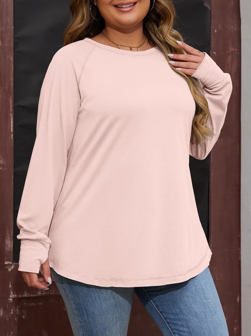 Fisoew Women's Plus Size Long Sleeve Tunic Top Crew Neck Summer Oversized Fit Basic T Shirts Blouse Pink - Image 3