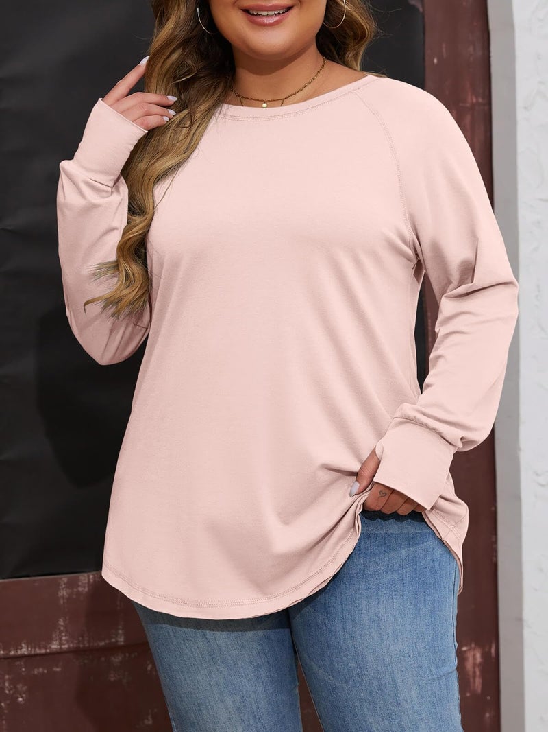 Fisoew Women's Plus Size Long Sleeve Tunic Top Crew Neck Summer Oversized Fit Basic T Shirts Blouse Pink - Image 2
