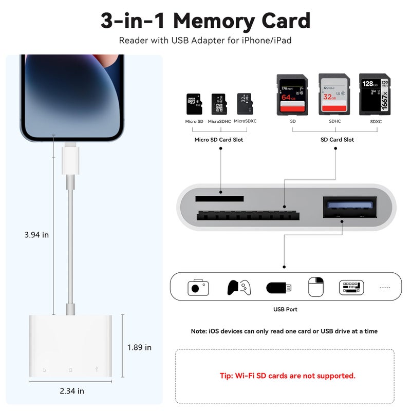 SUNTRSI SD Card Reader for iPhone iPad, Micro SD Card Reader Memory Card Reader with USB Adapter Plug and Play Trail Game Camera Card Viewer Supports SD and TF Card No App Required - Image 3