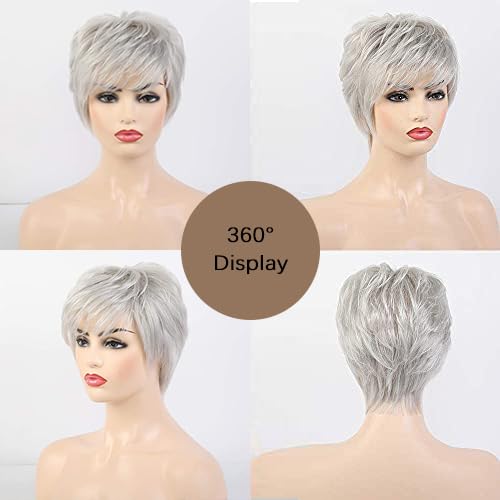EMMOR Short Silver Grey Human Hair Wigs Blend with Healthy Memory Fiber Pixie Curly Wig With Bang,Natural Daily Use Hair (Color 101#) - Image 3