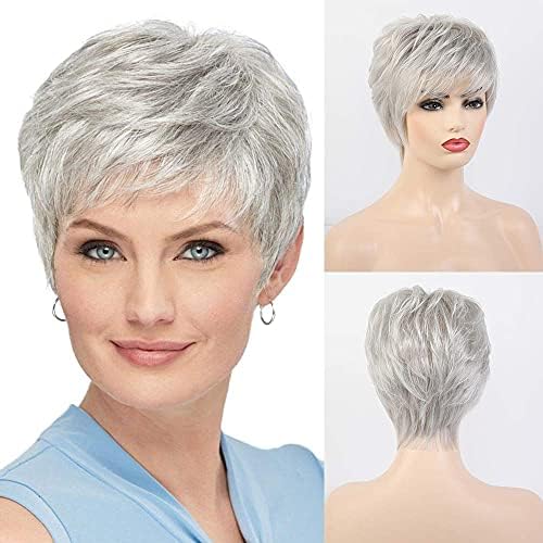 EMMOR Short Silver Grey Human Hair Wigs Blend with Healthy Memory Fiber Pixie Curly Wig With Bang,Natural Daily Use Hair (Color 101#) - Image 2
