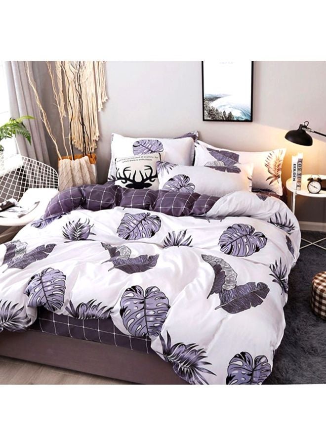 NIBEMINENT 4-Piece Leaf Printed Bedding Set Polyester White/Purple Quilt Cover 180x220 Cm, Bedsheet 230x230 Pillowcase 48x74cm  - Image 1