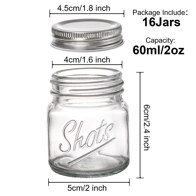 Lawei Set of 16 Mini Mason Jars with Lids - 2 Oz Mason Jars Shot Glasses Mason Shooter Glass for Drinks Shot Favors Desserts - Image 2