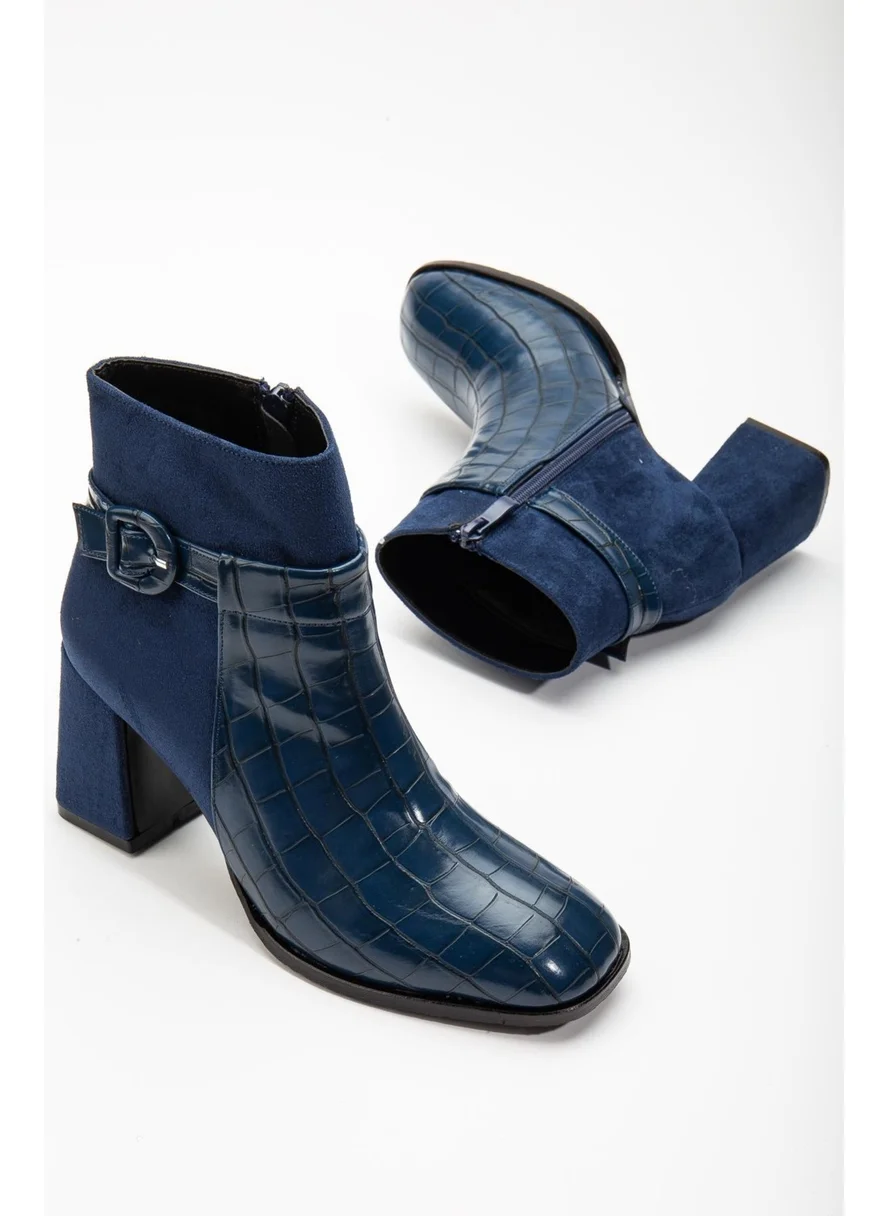 Dilimler Ayakkabı Slices Shoes Suede And Crocodile Leather Navy Blue Women's Chunky Heeled Boots