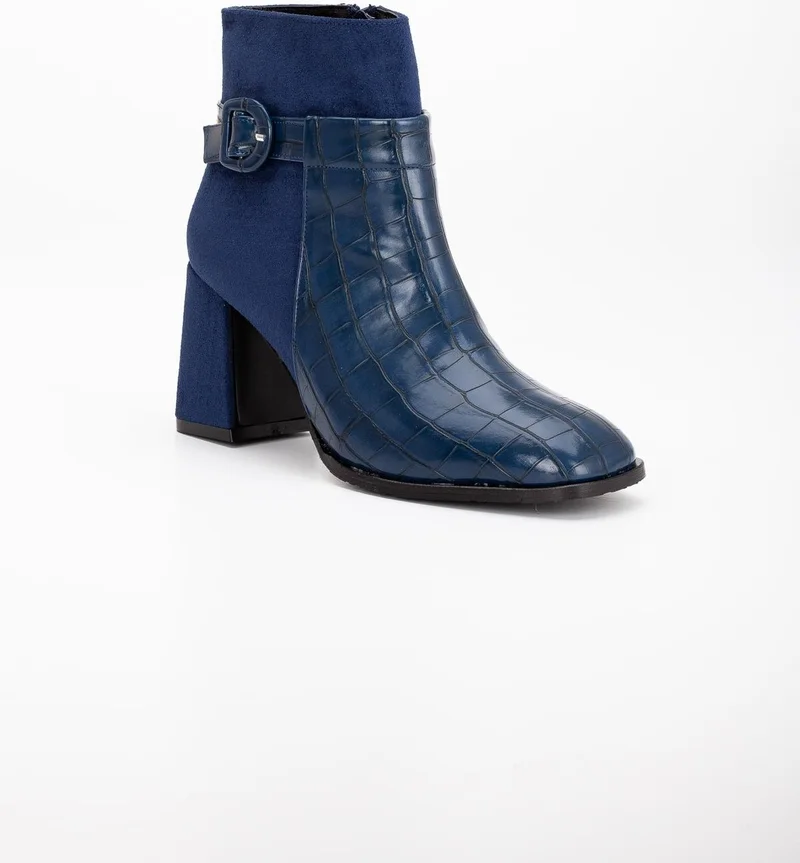 Dilimler Ayakkabı Slices Shoes Suede And Crocodile Leather Navy Blue Women's Chunky Heeled Boots