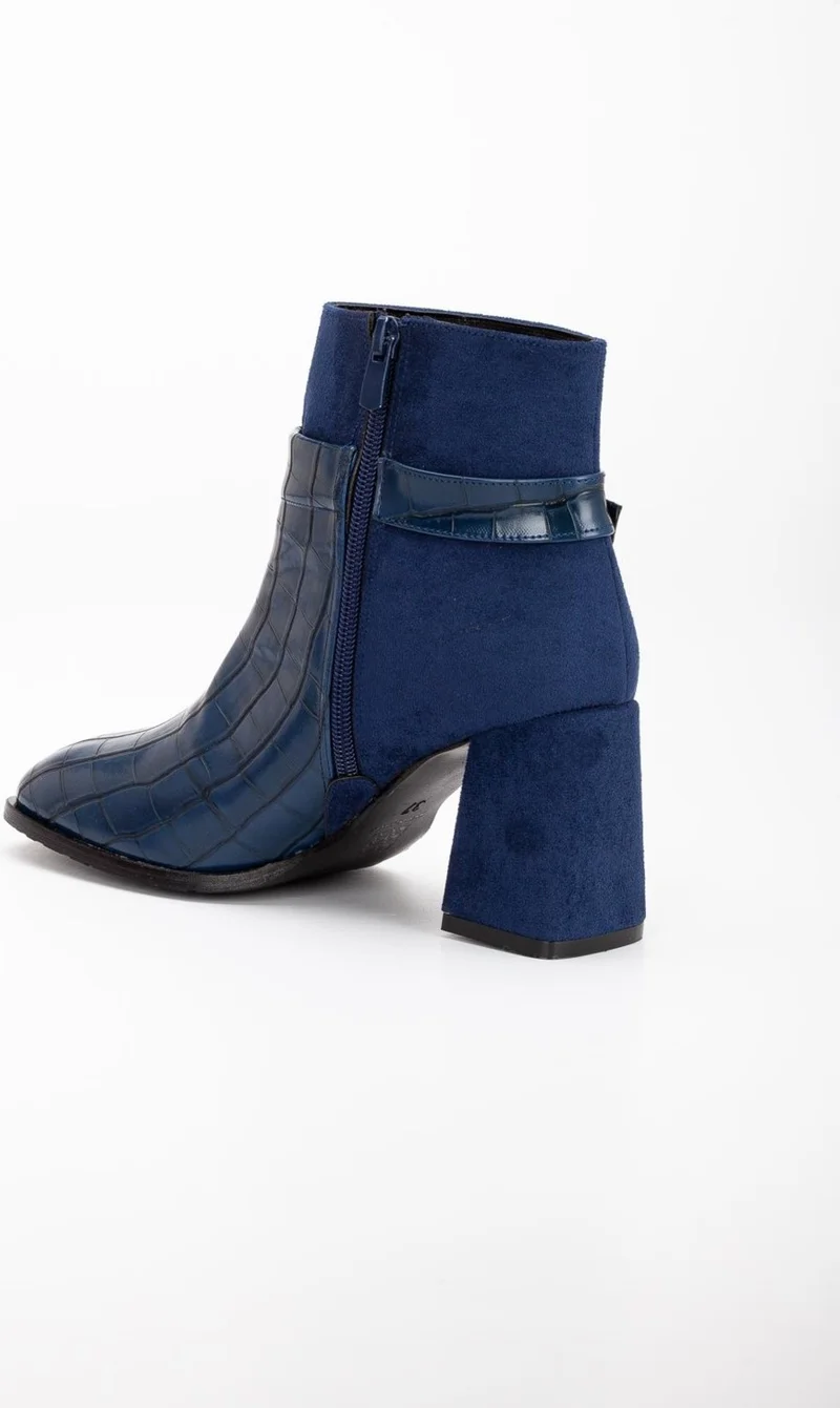 Dilimler Ayakkabı Slices Shoes Suede And Crocodile Leather Navy Blue Women's Chunky Heeled Boots