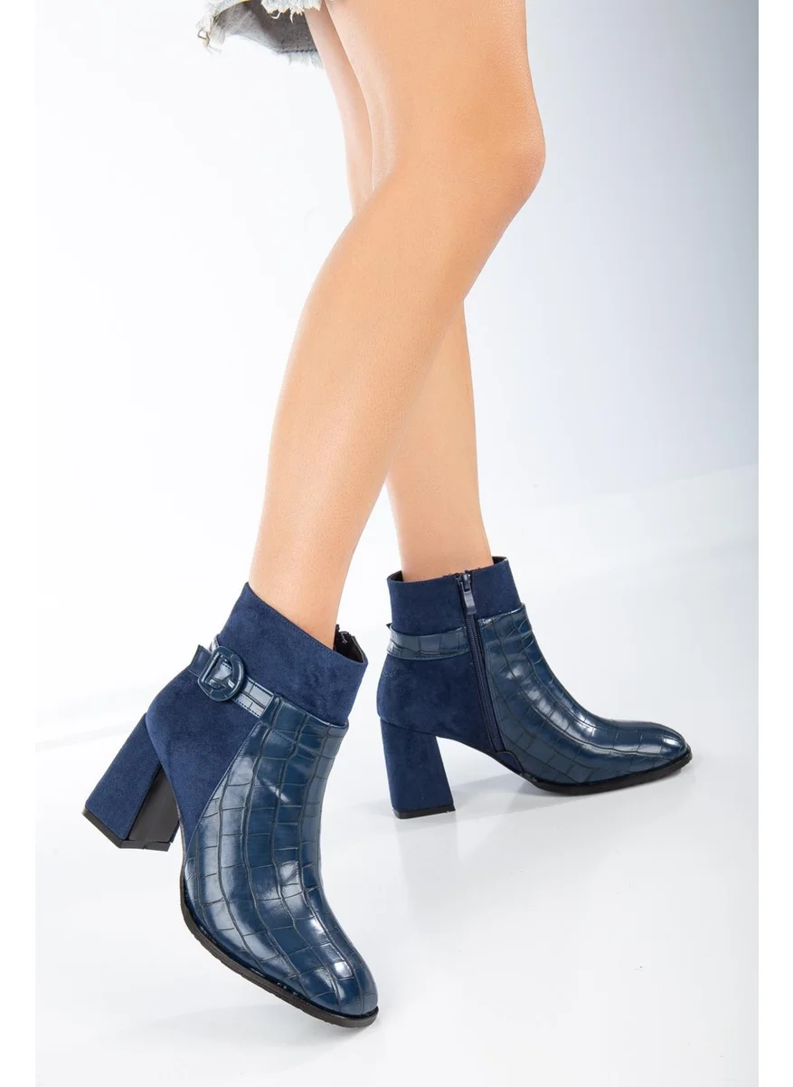Dilimler Ayakkabı Slices Shoes Suede And Crocodile Leather Navy Blue Women's Chunky Heeled Boots