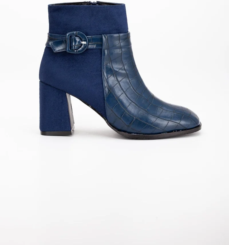 Dilimler Ayakkabı Slices Shoes Suede And Crocodile Leather Navy Blue Women's Chunky Heeled Boots