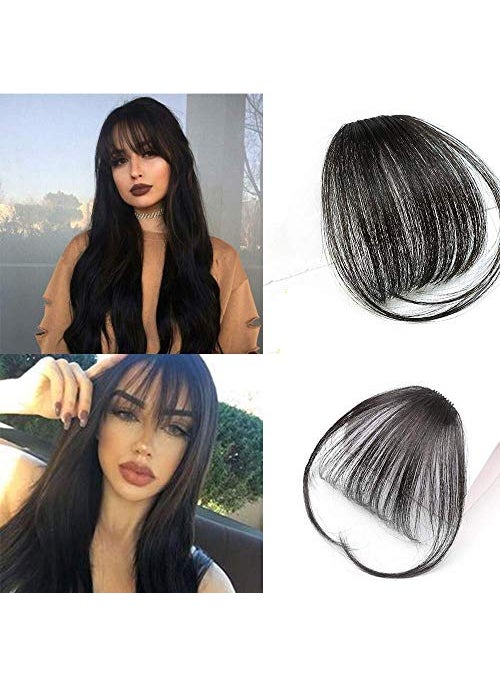 Soraka Hair - Clip in Bangs 100 Real Human Hair Bangs Dark Brown Bangs Hair Clip with Temple Clip on Bangs Hair Extensions for Women Natural Black Wispy Bangs - Image 1