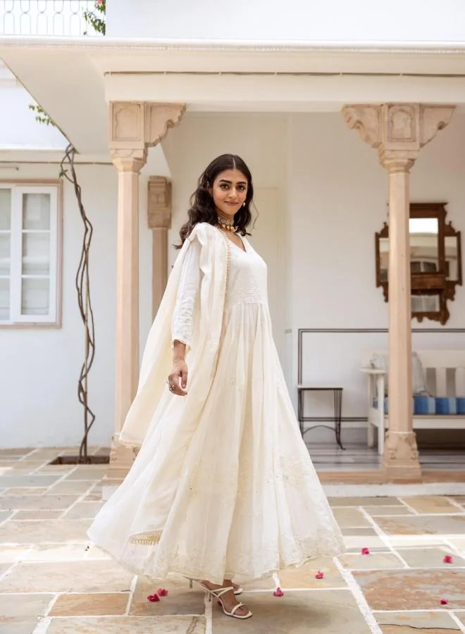 ISHIN Women's Off White 100% Cotton Embroidered Tunic Full Length Palazzo Straight Fit Kurta Set