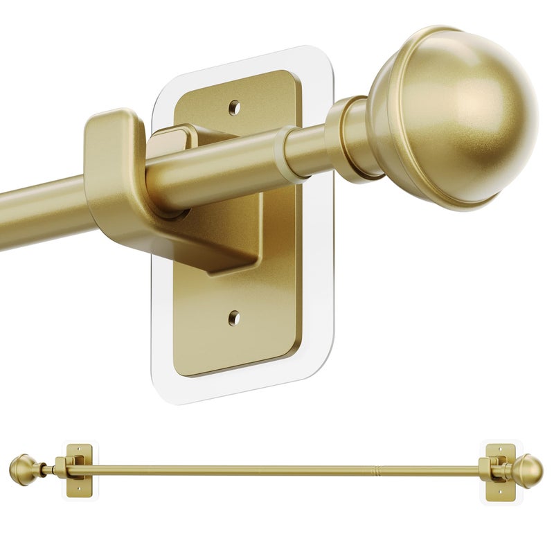 ENJOYBASICS No Drill Curtain Rods for Window 28 to 60 Inches, 5/8 Inch Diameter Renter Friendly Drapery Rod with Adhesive Brackets without Drilling, Adjustable from 27 to 65 Inches, Gold - Image 1