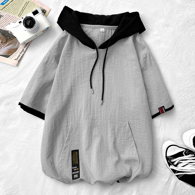 Summer Short Sleeve Hoodie Mens Casual Loose Japanese T-shirt Blue - Image 3