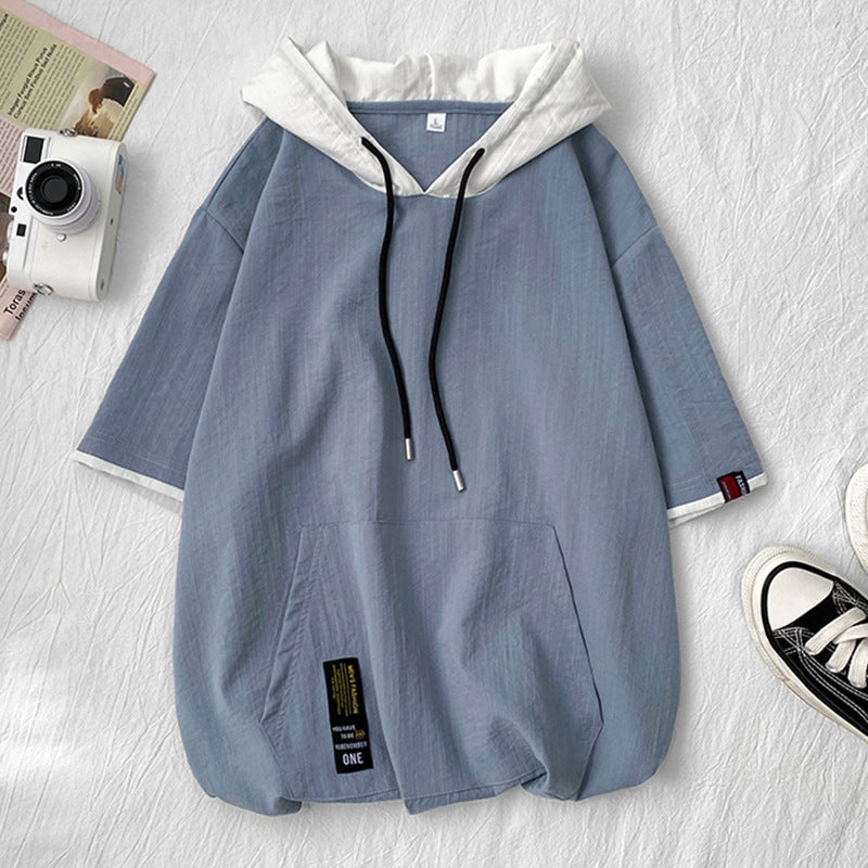Summer Short Sleeve Hoodie Mens Casual Loose Japanese T-shirt Blue - Image 1