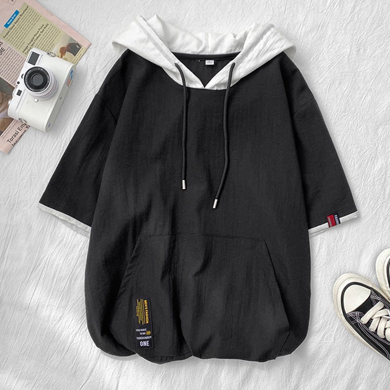 Summer Short Sleeve Hoodie Mens Casual Loose Japanese T-shirt Blue - Image 2
