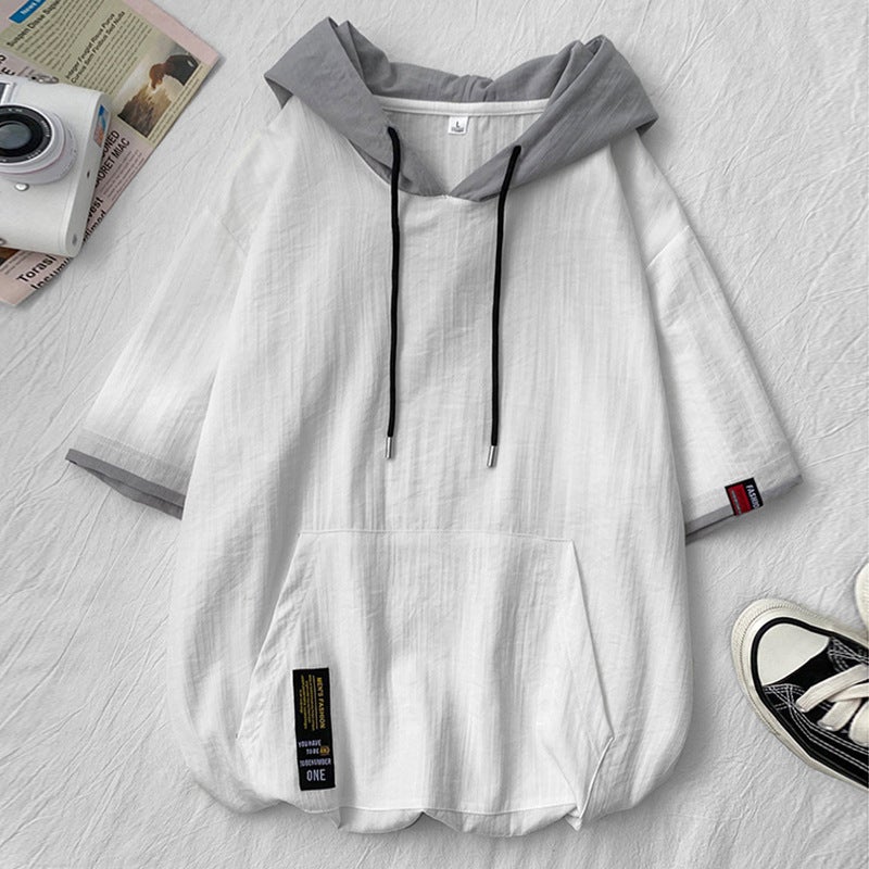 Summer Short Sleeve Hoodie Mens Casual Loose Japanese T-shirt Blue - Image 5