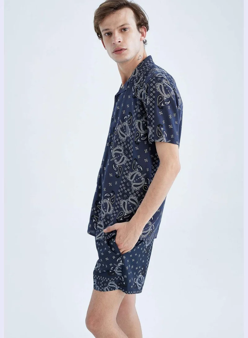 ديفاكتو Regular Fit Short Sleeve Printed Viscose Shirt