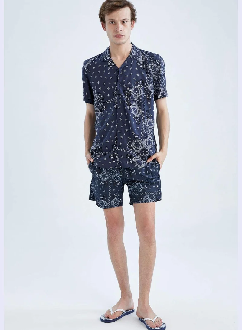 ديفاكتو Regular Fit Short Sleeve Printed Viscose Shirt