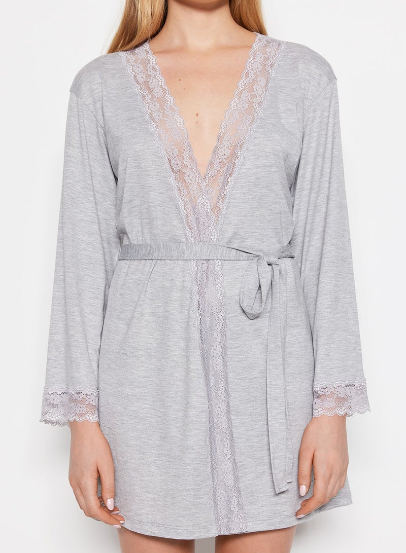 trendyol Gray Belted Lace Viscose Knitted Dressing Gown Thmss22Sb0006 - Image 3