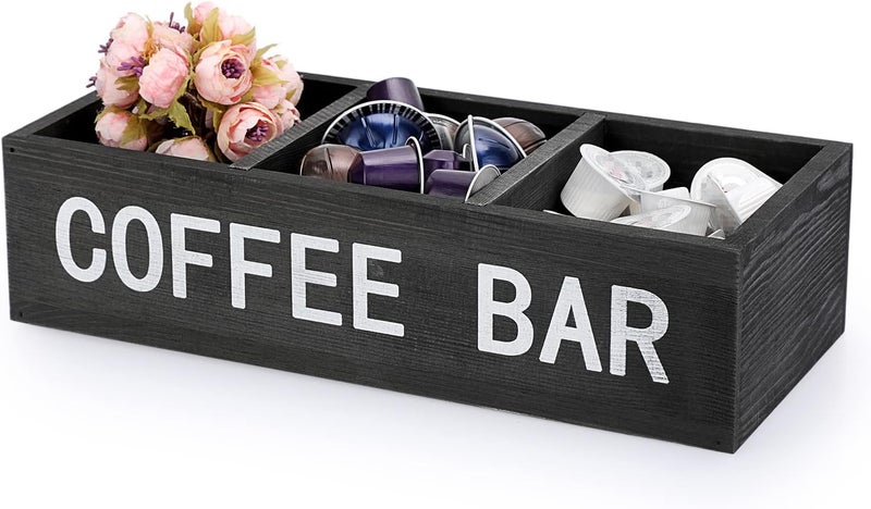 ELLDOO Coffee Bar Wooden Storage Box with Removable Grids, Station Organizer Pod Holder, Rustic Coffee Accessories for Counter, Farmhouse Kitchen, Black - Image 1