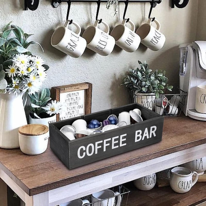 ELLDOO Coffee Bar Wooden Storage Box with Removable Grids, Station Organizer Pod Holder, Rustic Coffee Accessories for Counter, Farmhouse Kitchen, Black - Image 5