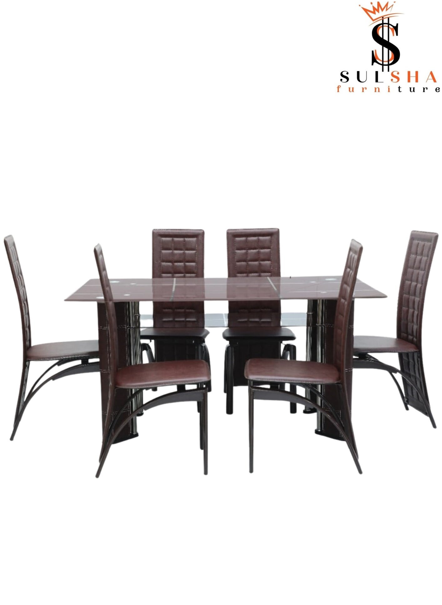 Sulsha Modern style Chair Set Tempered Glass Modern with Leather Base Dining Table and High Back Leather Brown Chair and glass table Home Furniture 