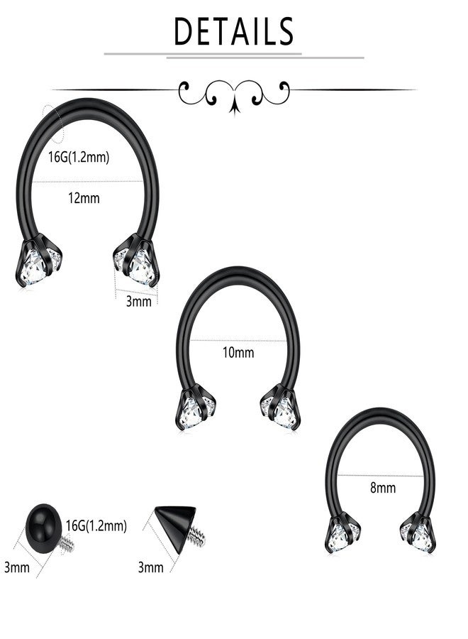 FECTAS Internal Threaded Horseshoe Nose Rings Septum Rings 16G Earrings 8/10/12mm Labret Lip Ear Rook Helix Conch Daith Nose Piercing Jewelry Black - Image 2