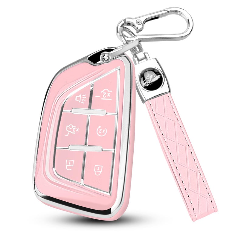 QBUC for Cadillac Key Fob Cover with Keychain Soft TPU Protection Case Compatible with 2020-2026 Cadillac Escalade Lyriq Optiq 6-Buttons(Chrome Trim Pink) - Image 1