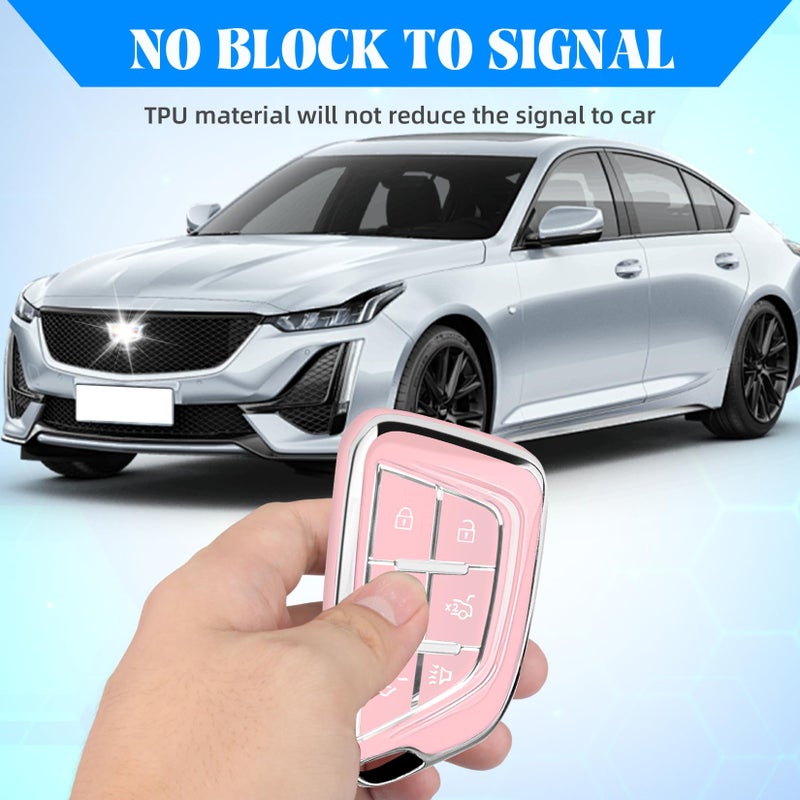 QBUC for Cadillac Key Fob Cover with Keychain Soft TPU Protection Case Compatible with 2020-2026 Cadillac Escalade Lyriq Optiq 6-Buttons(Chrome Trim Pink) - Image 4