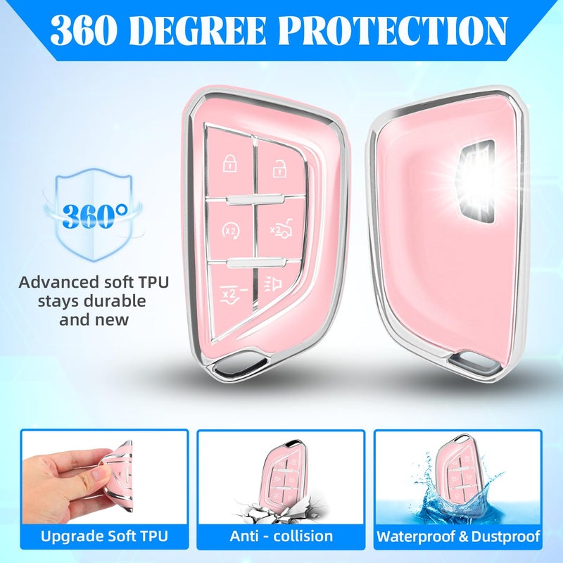 QBUC for Cadillac Key Fob Cover with Keychain Soft TPU Protection Case Compatible with 2020-2026 Cadillac Escalade Lyriq Optiq 6-Buttons(Chrome Trim Pink) - Image 3