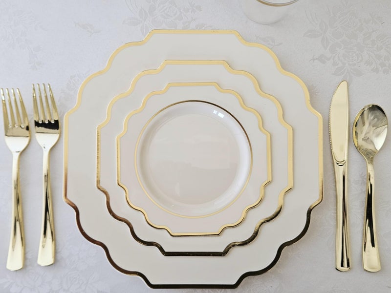 OCCASIONS FINEST PLA "" OCCASIONS "" 50 Plates Pack (25 Guests)-Heavyweight Wedding Party Disposable Plastic Plate Set -(25x10.5'' Dinner + 25x8'' Salad/Dessert) (Imperial Ivory & Gold) - Image 3