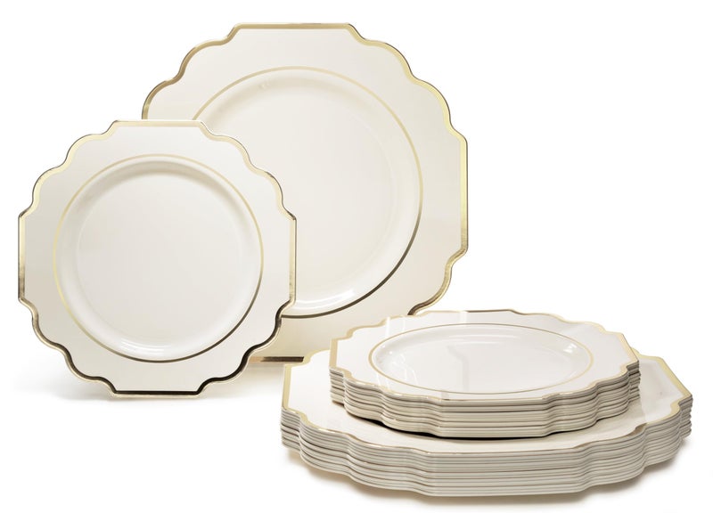 OCCASIONS FINEST PLA "" OCCASIONS "" 50 Plates Pack (25 Guests)-Heavyweight Wedding Party Disposable Plastic Plate Set -(25x10.5'' Dinner + 25x8'' Salad/Dessert) (Imperial Ivory & Gold) - Image 1