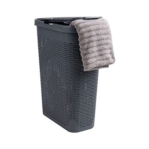 Mind Reader Slim Laundry Hamper with Lid, 40L Clothes Basket, Narrow Tapered Design with Ventilated Cutout Pattern, Plastic, Gray - Image 1
