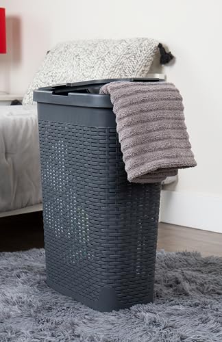 Mind Reader Slim Laundry Hamper with Lid, 40L Clothes Basket, Narrow Tapered Design with Ventilated Cutout Pattern, Plastic, Gray - Image 2