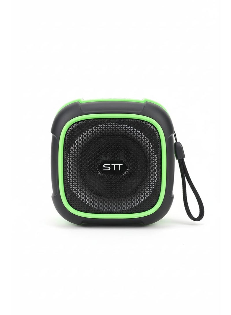 STT-307 Portable Bluetooth Speaker, Compact Square Design, Black and green , with Carrying Strap