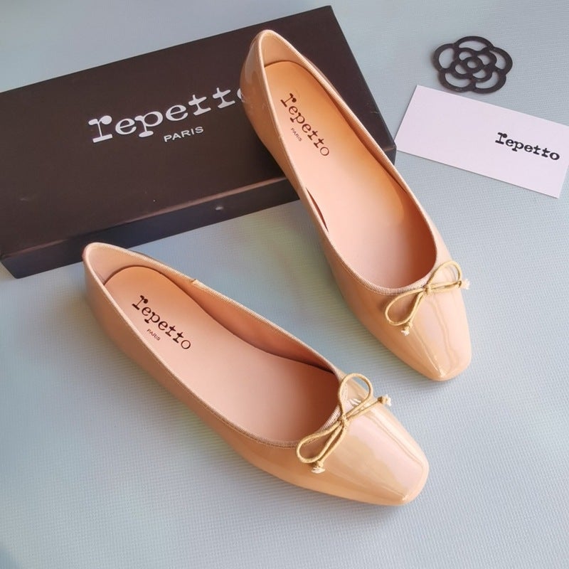 Generic Small Square Head Ballet Shoes Low Heel Bow Shallow Mouth Shoes Low-top Flat Patent Leather Red Shoes Womens Boat Shoes Nude