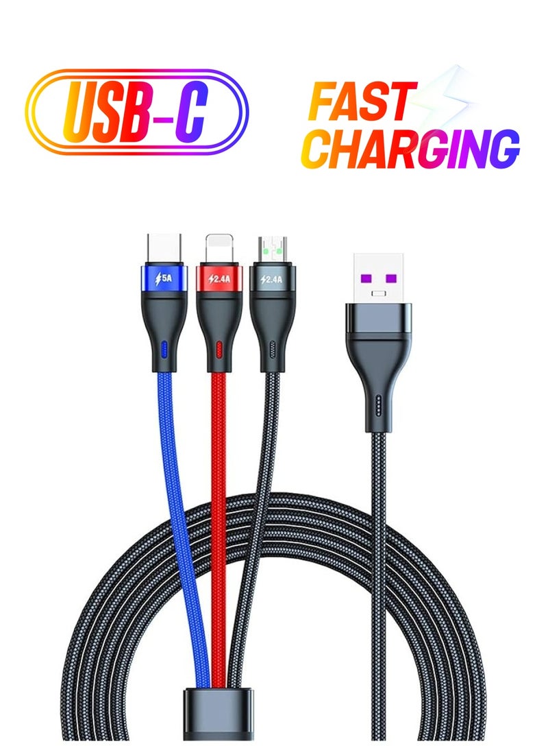 KASTWAVE Charger Cable, 3 in 1 Charger Cable 6FT/2M Nylon Braided 5A Fast Charge Cable with iP Micro USB Type-C Compatible with Cell Phones Tablets USB C Cable, Black - Image 1