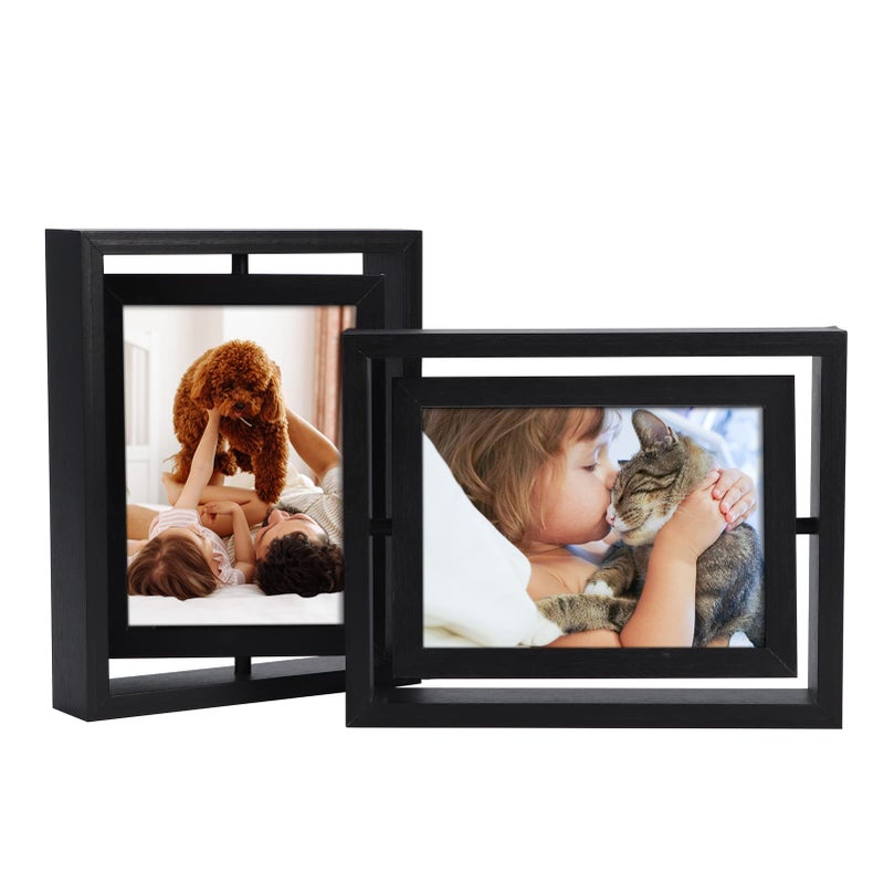 EXYGLO 2 Pack 5x7 Rustic Rotating Floating Picture Frames  Photo Frames for Vertical or Horizontal Tabletop Display  Black - Image 1