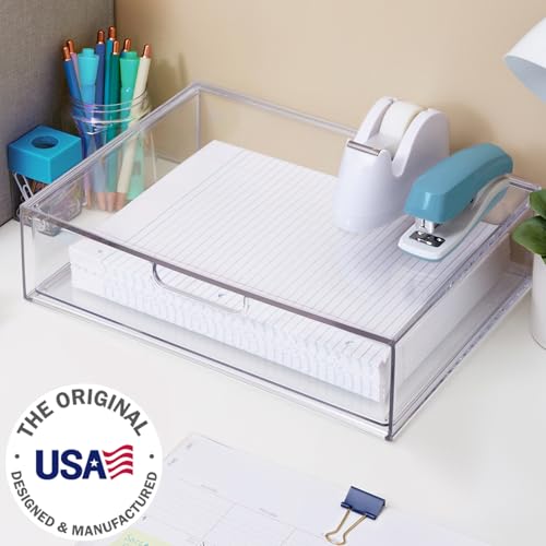 STORi STAX Plastic Stackable Organizer Drawer in Clear | 12.5-inches Wide | Organize Office Desk Accessories and Sort Letter-Size Paper | Made in USA - Image 2