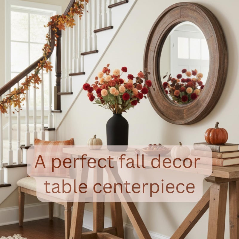 RyddeligHome Fall Flowers, Burnt Orange Faux Kiku Flowers Artificial 10 Stems + Eucalyptus, Fake Red Orange Mums Floral Centerpiece, Terracotta Mini Balls Faux Stems for Vase, Decoración de Otoño - Image 3