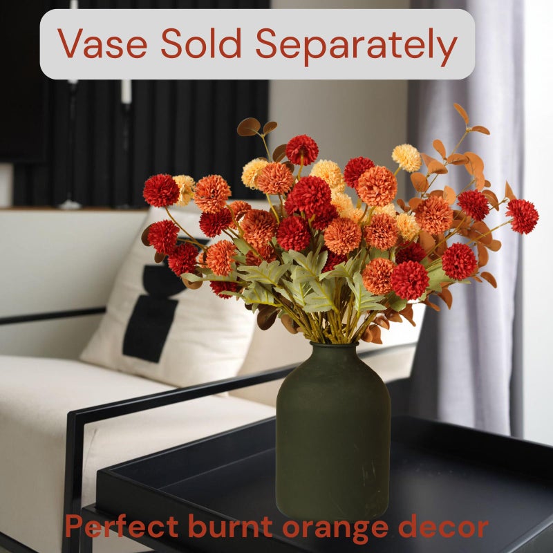 RyddeligHome Fall Flowers, Burnt Orange Faux Kiku Flowers Artificial 10 Stems + Eucalyptus, Fake Red Orange Mums Floral Centerpiece, Terracotta Mini Balls Faux Stems for Vase, Decoración de Otoño - Image 5