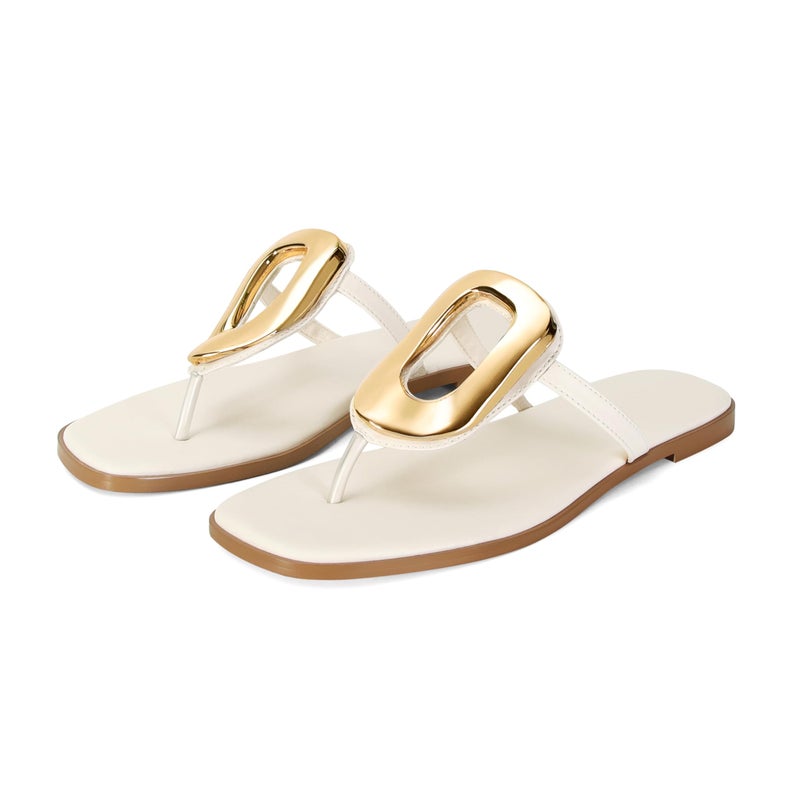Wnshonzy Flip-Flops for Women Thong Sandals Flat White Slip on Slides Leather Beach Comfort Open Square Toe Ladies Slipper Dressy Metal Hardware Decoration Summer Shoes Casual Fashion - Image 1