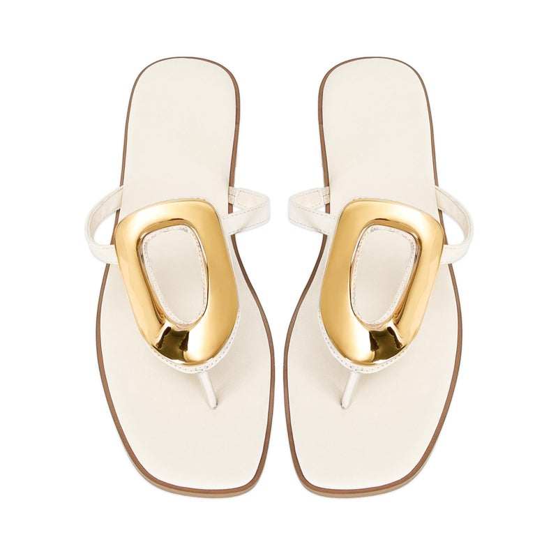 Wnshonzy Flip-Flops for Women Thong Sandals Flat White Slip on Slides Leather Beach Comfort Open Square Toe Ladies Slipper Dressy Metal Hardware Decoration Summer Shoes Casual Fashion - Image 4