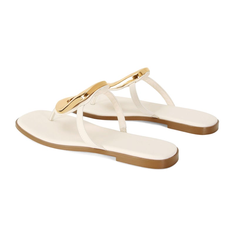 Wnshonzy Flip-Flops for Women Thong Sandals Flat White Slip on Slides Leather Beach Comfort Open Square Toe Ladies Slipper Dressy Metal Hardware Decoration Summer Shoes Casual Fashion - Image 5