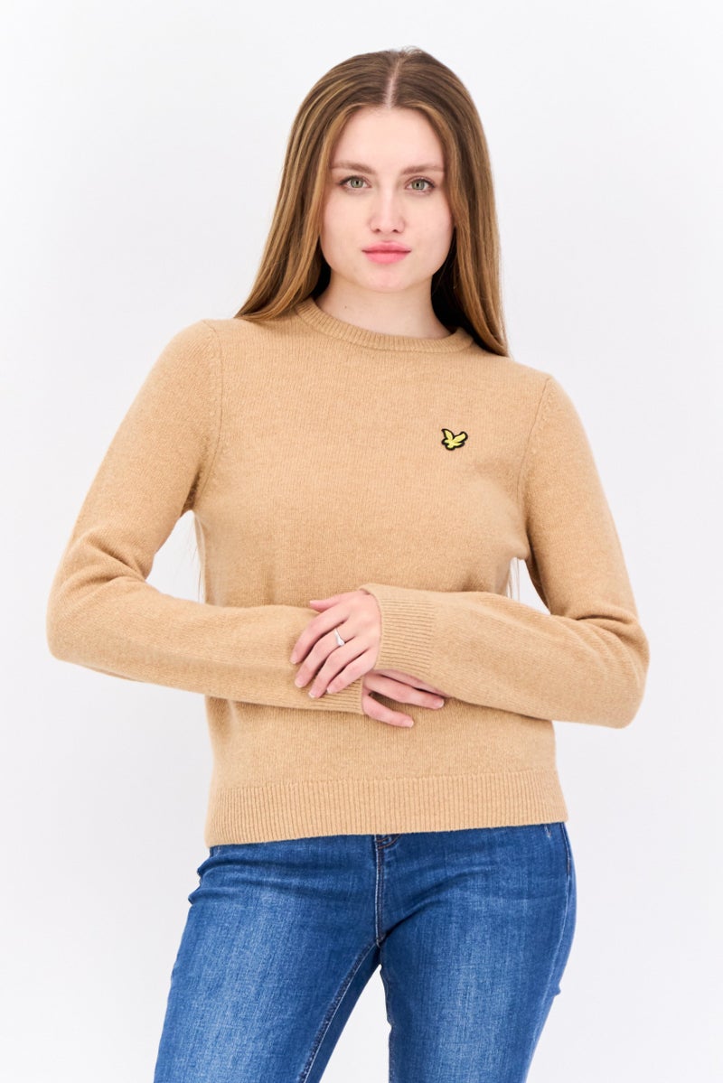 Lyle & Scott Women Crew Neck Embroidered Logo Knitted Sweater, Tan - Image 1