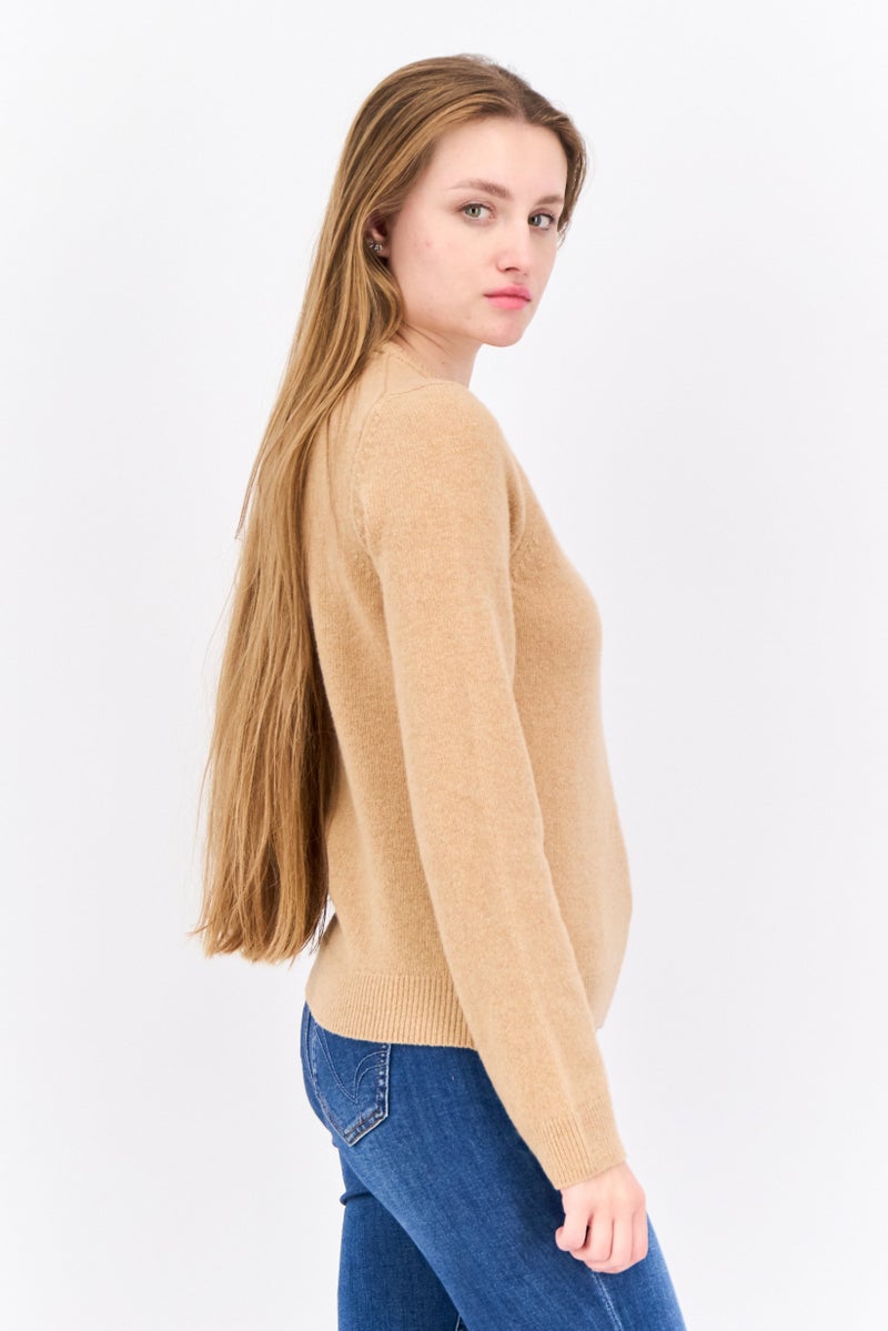 Lyle & Scott Women Crew Neck Embroidered Logo Knitted Sweater, Tan - Image 3