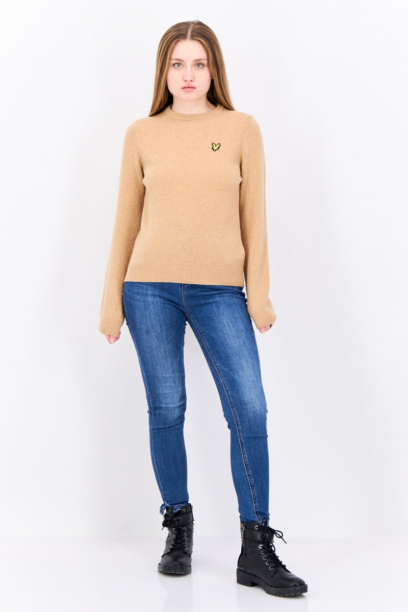 Lyle & Scott Women Crew Neck Embroidered Logo Knitted Sweater, Tan - Image 4