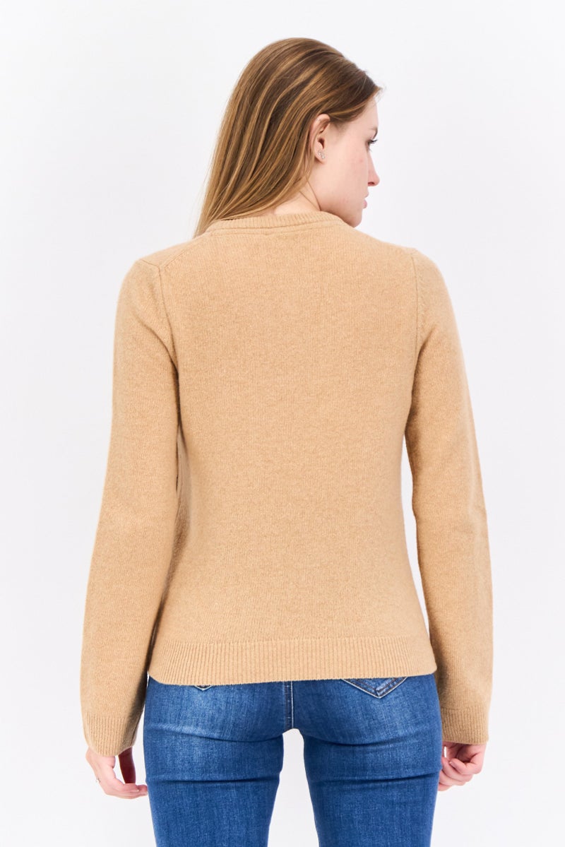 Lyle & Scott Women Crew Neck Embroidered Logo Knitted Sweater, Tan - Image 2