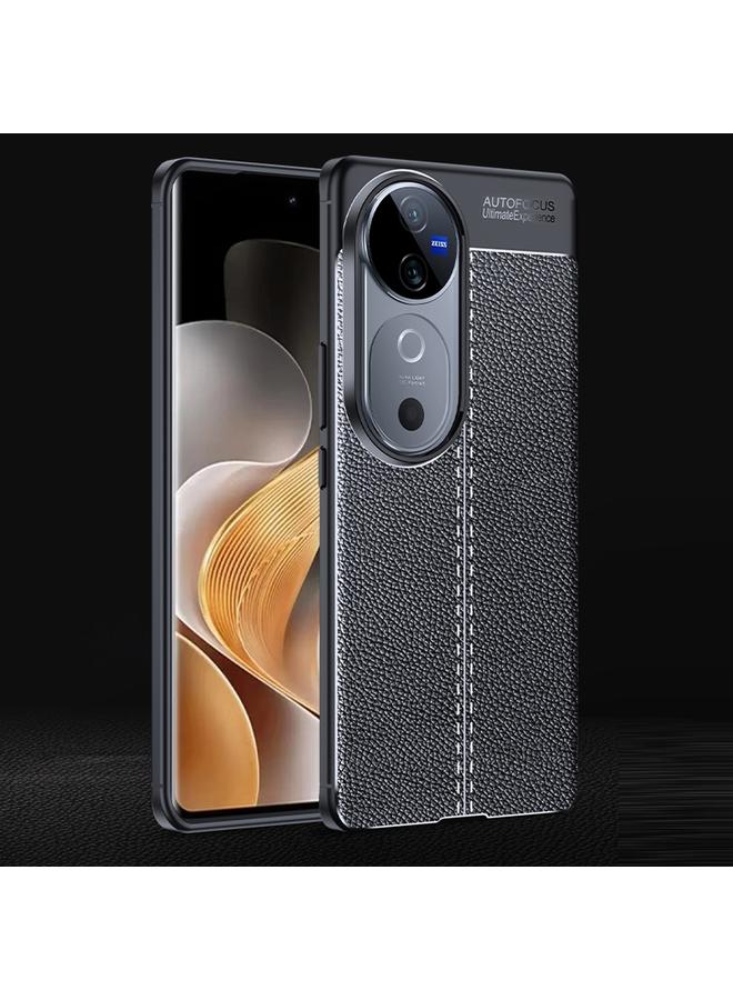 جراب TPU مقاوم للصدمات من مادة الليتشي لهاتف vivo V40 (أسود)