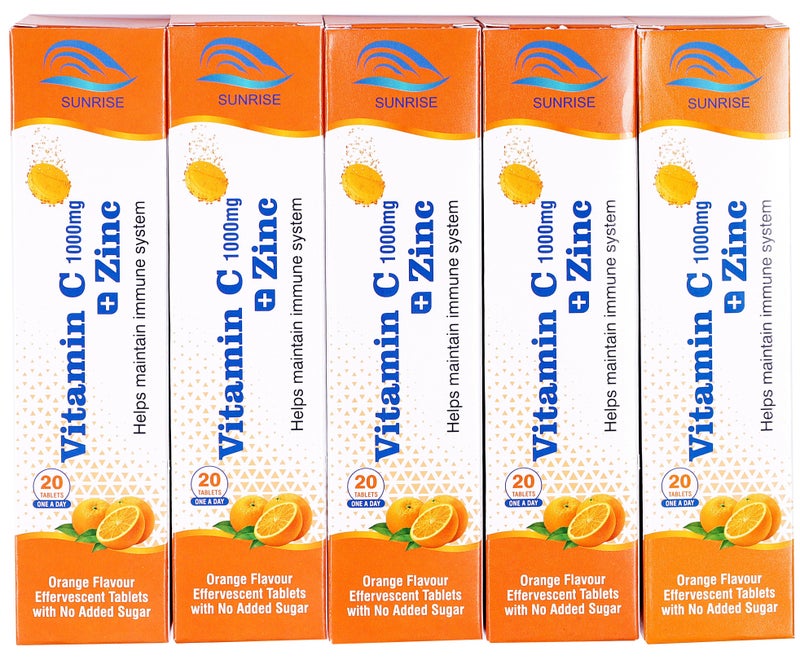 صن رايز فيتامين سي 1000 مجم مع الزنك 10 مجم 20 قرص فوارة 5 علب عبوة كومبو - Image 1